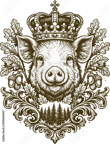 Royal Pig Crown Oak Acorn Forest Baroque Crest