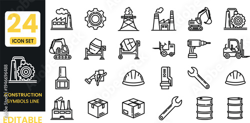 Collection of 24 construction icons and symbols for industrial and building projects