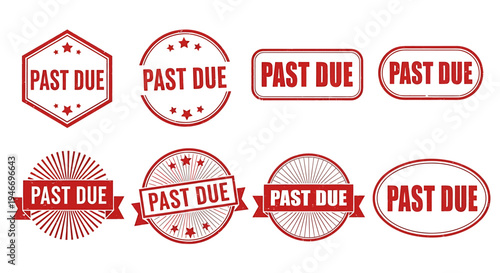 Collection of red past due stamps and labels in various shapes and designs