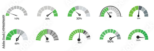 Speedometer gauge meter icon set. Dashboard performance level indicator with green progress scale vector isolated on white background