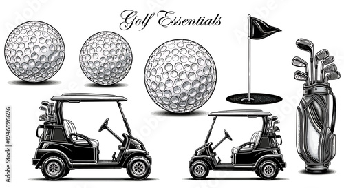 Golf essentials including balls carts flag and clubs  various golfing equipment