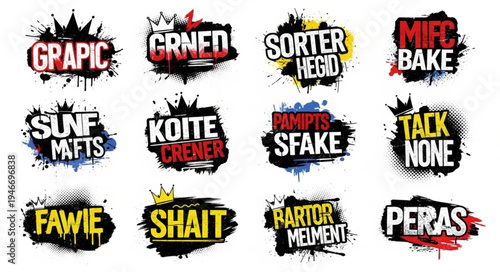 Collection of distorted text labels with grunge and splash effects, creating a visually striking and edgy design.