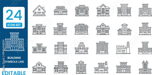 A collection of 24 editable line icons of various buildings and structures in a simple architectural style