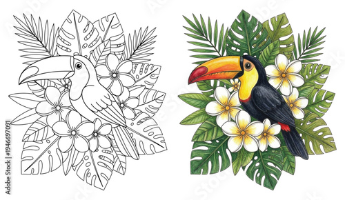 Toucan surrounded by tropical leaves and flowers in detailed coloring page illustration