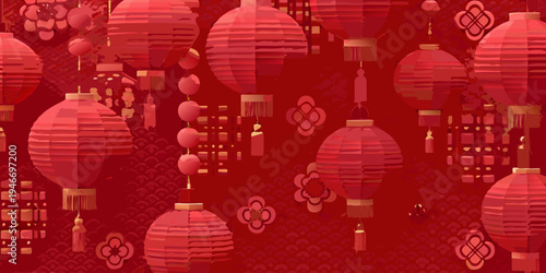 A vibrant pattern of traditional red lanterns against a textured background