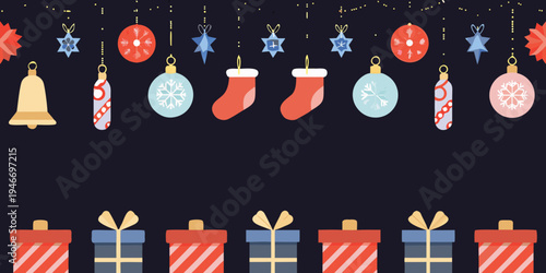 Festive christmas ornaments and gifts hanging against a dark background