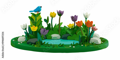A colorful stylized garden with tulips a pond and a small bluebird