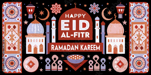 Festive eid al fitr illustration with traditional architecture and decorative elements