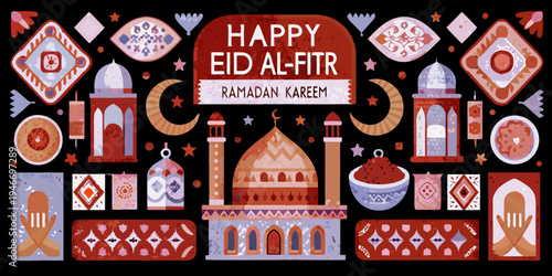 Festive eid al fitr illustration with traditional islamic architectural elements
