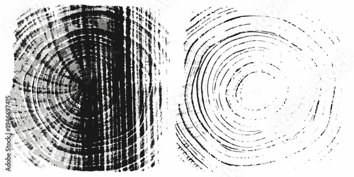 Abstract black and white circular patterns resembling tree rings or fingerprints