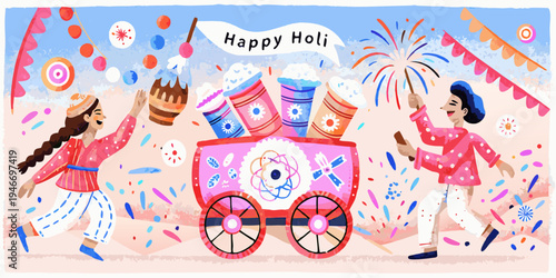 Celebrating holi festival with colorful powders cart and joyful people