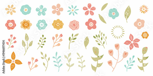 Collection of colorful hand drawn floral illustrations and delicate green leaves