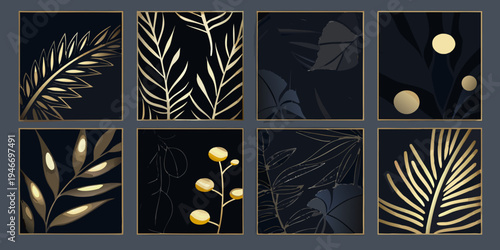 Elegant botanical illustrations in gold and dark blue arranged in a grid
