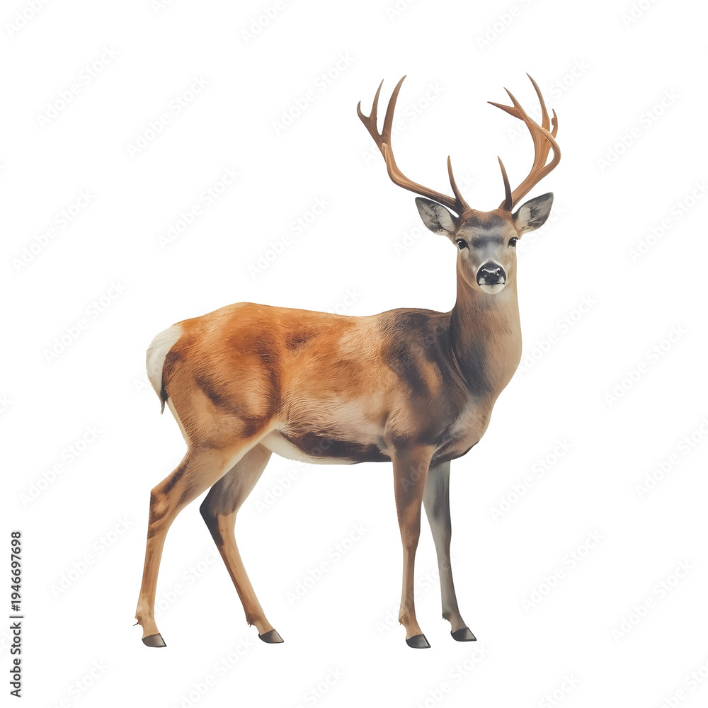 Fototapeta premium Majestic red deer stands proudly against a clean white background