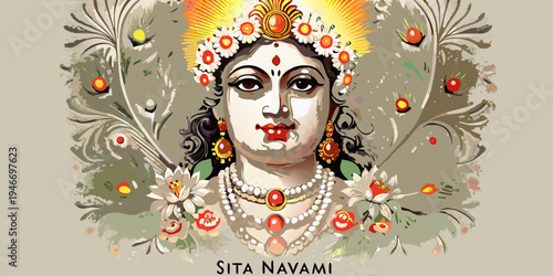 Detailed portrait of goddess durga with ornate jewelry and floral elements