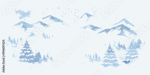 Watercolor painting of blue mountains pine trees and a snowy landscape