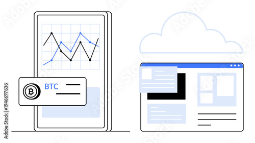 Finance technology, cryptocurrency exchange, blockchain investment, market analysis, online transaction, data storage. Smartphone showing a graph and BTC element, web page with a cloud. Finance