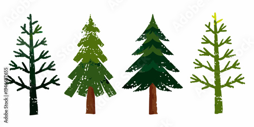 Four stylized evergreen trees with varying shades of green and brown