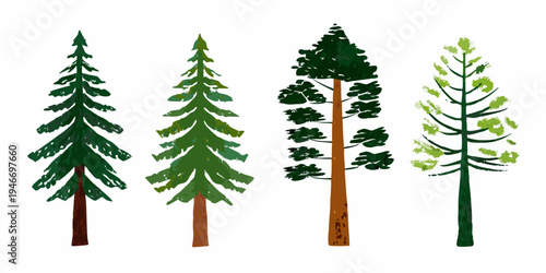 Four stylized evergreen trees in varying shades of green stand together