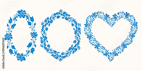 Three floral heart and oval shaped frames in a blue tone