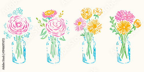 Colorful floral bouquets in sketched glass vases a charming illustration