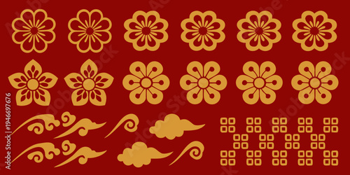 Golden floral patterns and decorative elements on a red background
