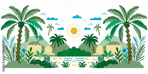 Stylized tropical island landscape with palm trees and a bright sun