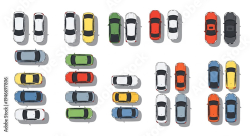 Aerial View of Cars Parked in Rows on White Background.