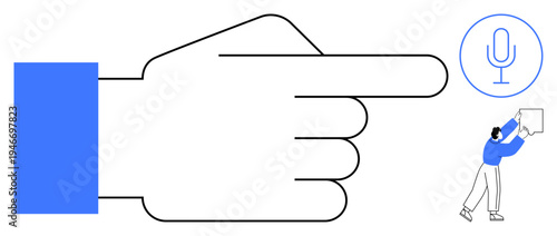 Communication concept. Communication through a hand pointing to a microphone icon and a figure holding a card. Communication for podcasts, presentations, messaging, marketing, content creation