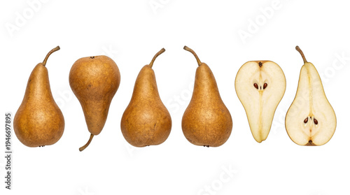 Six Bosc pears, including whole and cut fruits, arranged in a row and isolated on a transparent background; studio shot showcasing the texture, color, and shape of this variety.