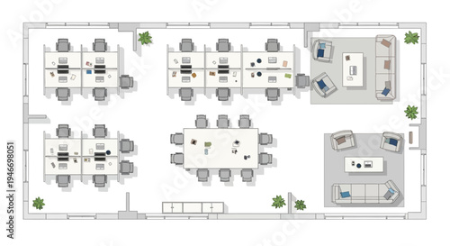 Vector office floor plan with meeting rooms and workstations