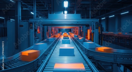 Automated conveyor belt system in a factory setting, moving packages with ambient lighting