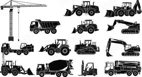 Black silhouettes of heavy construction equipment, including cranes, excavators, dump trucks, concrete mixers, and bulldozers for industrial building, 