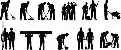 Black silhouettes of construction workers, laborers, and engineers performing manual work, digging, lifting pipes, using wheelbarrows, and teamwork in 