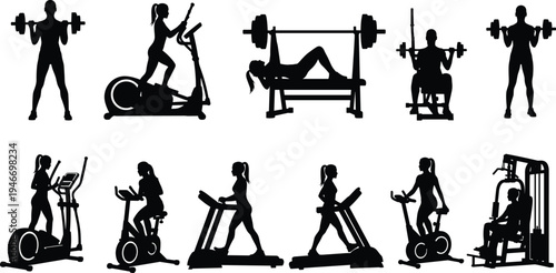 Black silhouettes of women exercising in gym, using treadmill, elliptical trainer, stationary bike, bench press, and lifting barbells for fitness, health, and bodybuilding workout. (25 words)