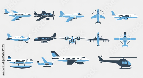 Collection of Diverse Airplane and Helicopter Vector Illustrations.