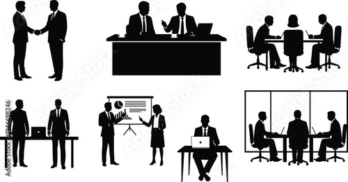Business people meeting and handshake silhouettes set, corporate team discussion, office presentation and partnership agreement concept, professional business collaboration and teamwork illustration
