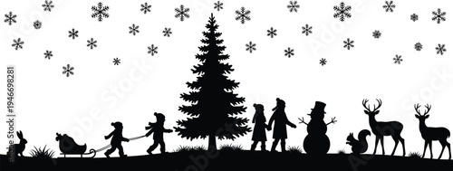 Children playing near Christmas tree with snowman and winter animals silhouettes, festive winter holiday landscape with snowfall, kids pulling sled and celebrating Christmas season