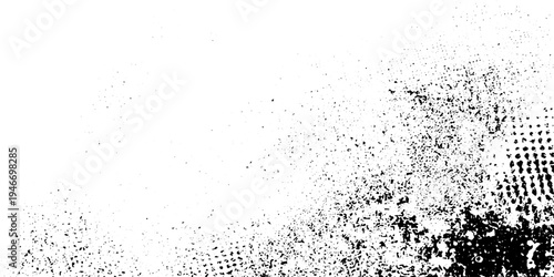 Abstract Monochrome Halftone Dots and Textured Overlay on White Background with Vintage Grunge Effect.