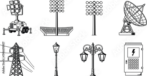 Industrial infrastructure icon set featuring stadium floodlights, satellite dish antenna, high voltage power lines, vintage street lamps, electrical box, and mobile light tower illustrations.