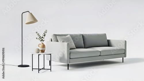 Modern Minimalist Living Room Grey Sofa Black Floor Lamp White Side Table Tan Vase Green Leaves Abstract Pillow Neutral.jpg