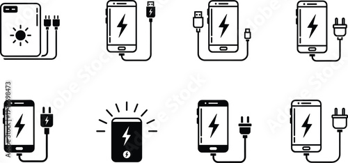 Set of mobile phone charging icons featuring smartphone battery power, USB cable connection, solar energy charger, electric plug interface, and portable power bank illustrations.