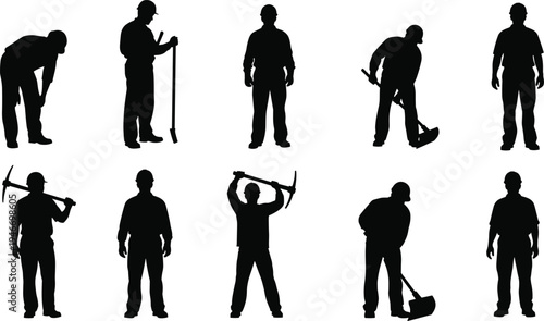 construction worker silhouettes collection, laborers with pickaxe shovel and digging tools, mining and excavation workers set, manual labor industry vector illustration isolated