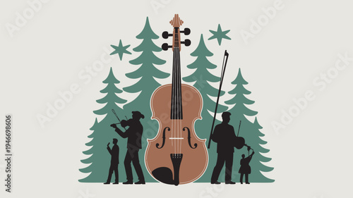 A group of musicians playing instruments in a forest with a large violin in the center