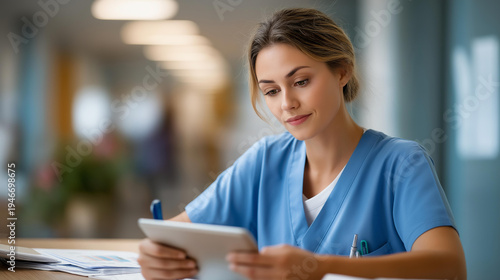 Faceless female nurse at a hospital desk reviewing telehealth charts and medical data on a tablet, clinical forms visible nearby, defocused hospital corridor behind, nurse telehealth, medical