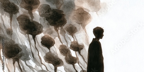 Lonely boy walking beside shadowy trees expressing quiet emotional struggle