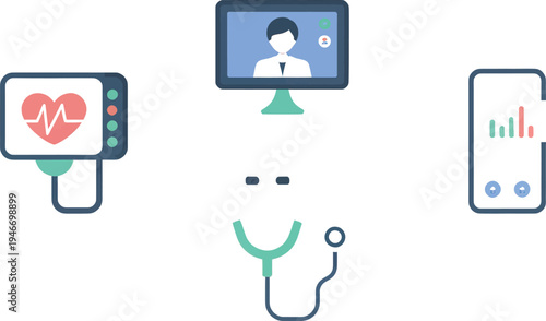 Medical technology icons illustrate remote patient monitoring and virtual doctor consultation services connected via digital devices.