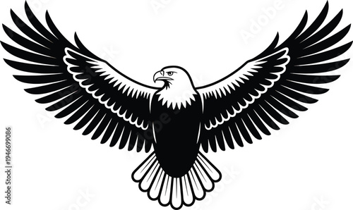 Bold black and white stylized illustration of a bald eagle with wings spread wide in a heraldic pose against a white background for graphic design.