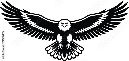 Detailed graphic representation of a powerful bald eagle captured mid-flight with fully extended wings, designed in a stark black and white, stylized vector format.