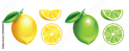 Lemon and lime icon clip art set. Tropical summer lemon and green lime with whole fruits and citrus slices elements vector illustration. 
